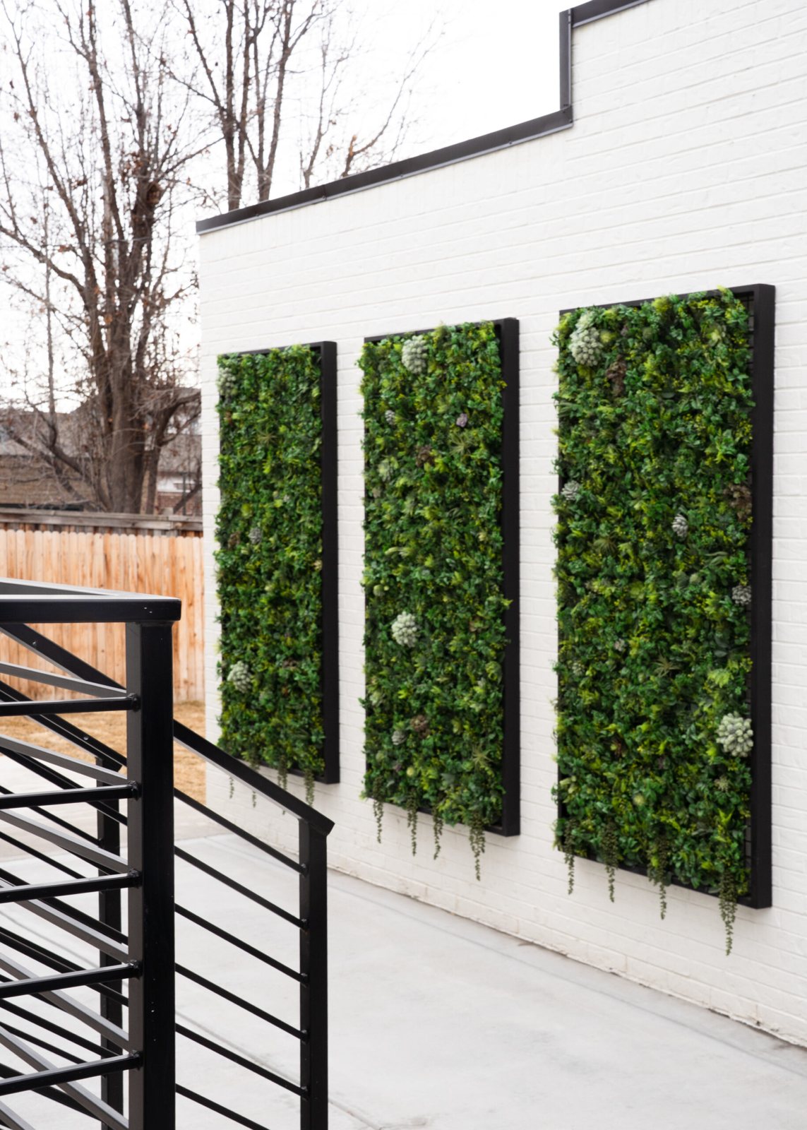 Architectural living wall panels against a white exterior